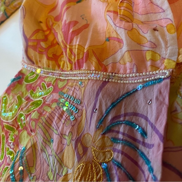 LeTarte embelished tropical swim cover cardigan top, cotton, pastel colors, S/M - Picture 12 of 14